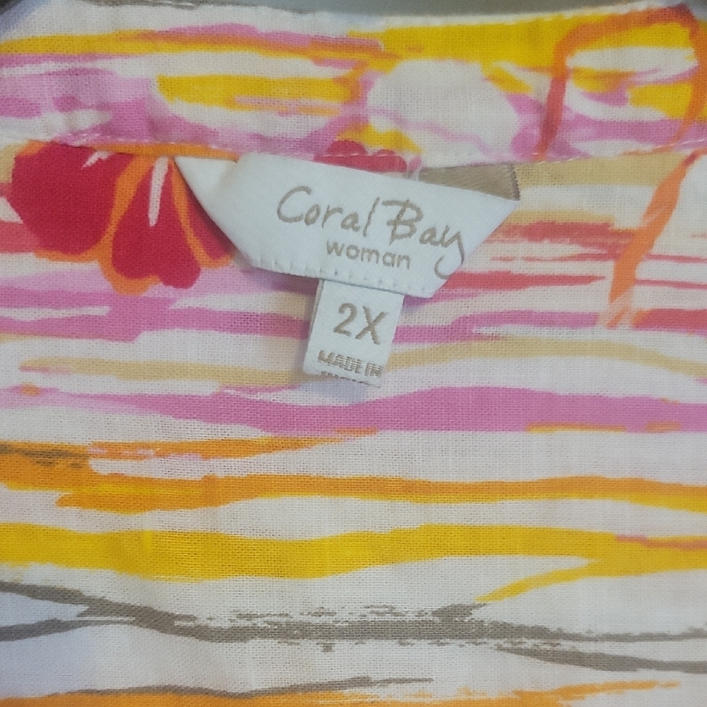 Coral Bay Sz2X Multicolor Linen Blend Floral Stripe button down 3/4 slv Blouse - Picture 2 of 5